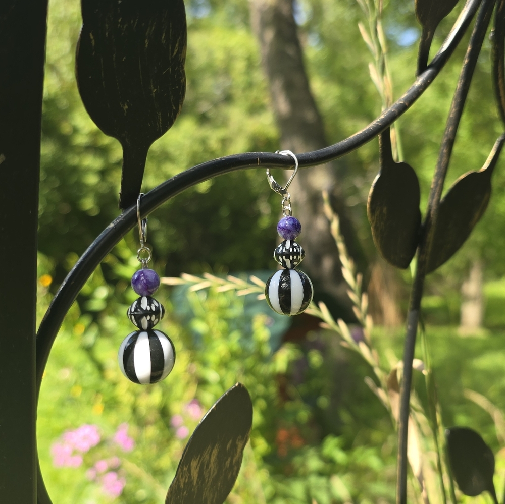 Handmade Black & White Striped Beaded Earrings w/ Purple Accent
